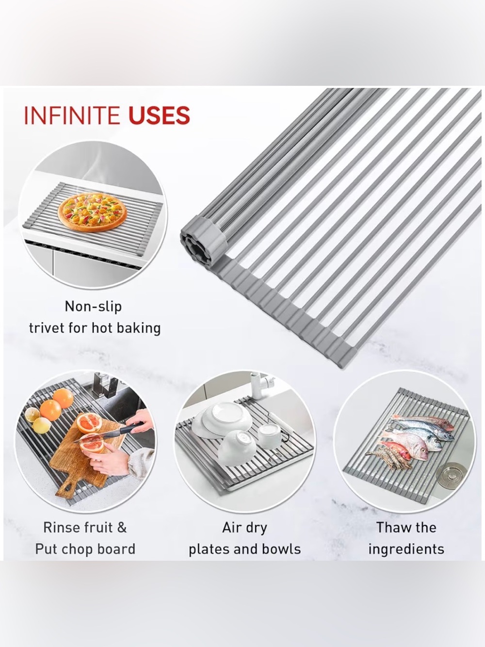 Roll Up Over Sink Dish Drying Rack Gray Silicone Non-Slip Heat Resistant - Picture 7 of 10